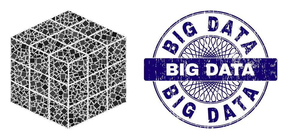 Rubber Big Data Stamp and Geometric 3X3X3 Cube Mosaic Stock Illustration