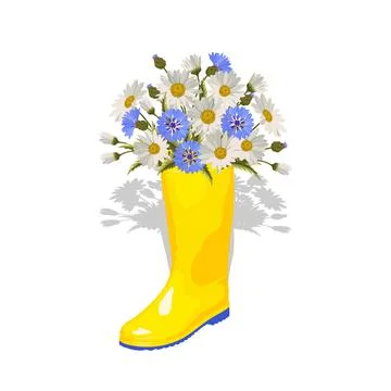 Rubber boot with a bouquet of flowers. Stock Illustration