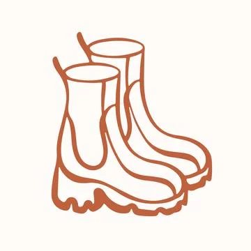 Rubber boot pair icon with simple line art style. Rain footwear element for Stock Illustration