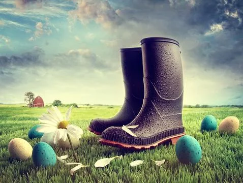 Rubber boots with easter eggs on grass Stockfoto's