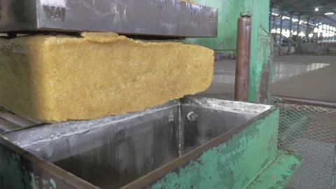  rubber is compressed into 33 kg blocks using a hydraulic baling press   Stock Footage 159744268