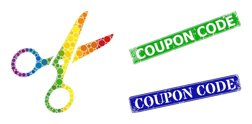 Rubber Coupon Code Badges and Spectrum Gradient Dotted Scissors Mosaic Illustrazione stock
