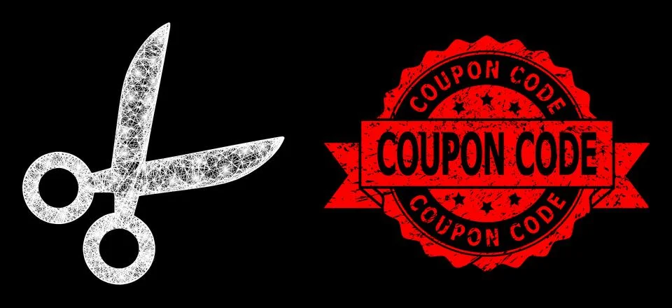 Rubber Coupon Code Seal and Bright Web Network Scissors with Light Spots Stock Illustration