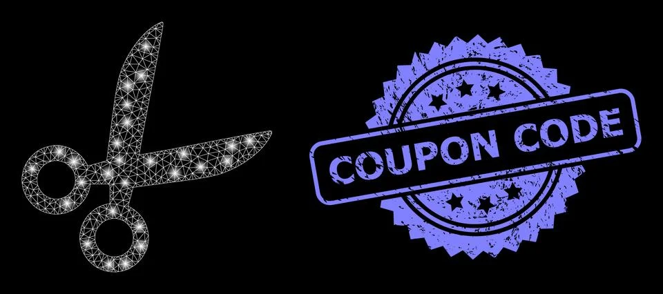 Rubber Coupon Code Stamp and Bright Web Net Scissors with Light Spots Stock-Illustration