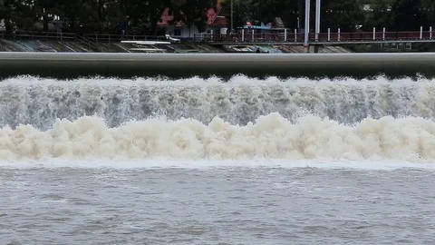 Rubber dam blocking the river, Water over Rubber dam for agriculture. Stock Footage 76507230