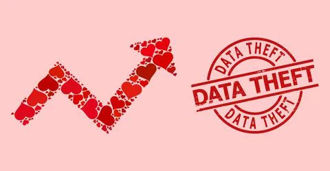 Rubber Data Theft Stamp and Red Heart Trend up Arrow Collage Illustrazione stock