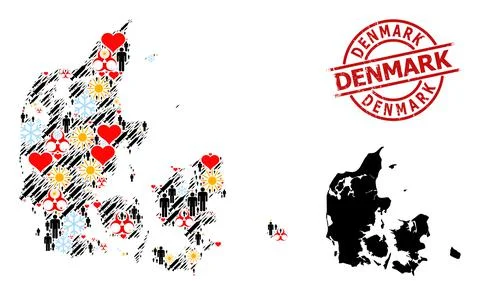 Rubber Denmark Stamp and Spring Demographics Covid-2019 Treatment Collage Map of Stock Illustration
