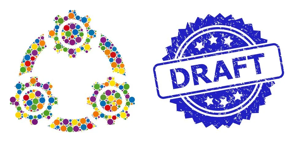 Rubber Draft Stamp and Multicolored Mosaic Gear Planetary Transmission Illustrazione stock