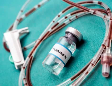 Rubber drip irrigation system with traces of blood along with vial de sodium thi Stock Photos