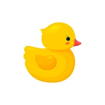 Rubber duck isolated in white background. Side view of yellow plastic duck toy Stock Illustration
