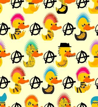 Rubber duck punk pattern seamless. Toy yellow duck punks background. Mohawk.. Stock Illustration