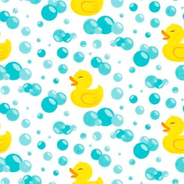 Rubber duck in soap bubbles. Seamless pattern. Stock Illustration