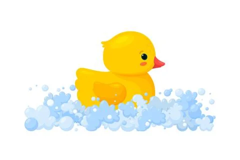 Rubber duck in soap foam with bubbles isolated in white background. Side view of Stock Illustration