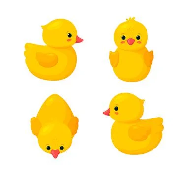 Rubber ducks for bathing. Set of four yellow plastic ducks isolated in white Illustrazione stock