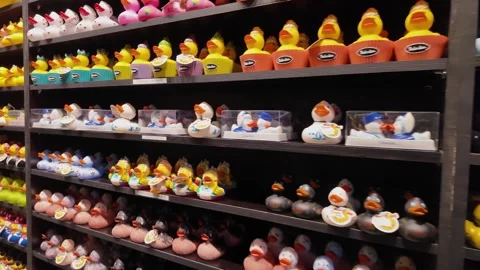 Rubber ducks on display in rubber duck store in Amsterdam Video stock 334210772