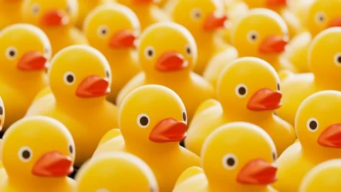 Rubber ducks for fun in the bath. Cute yellow toys are jumping in one direction. Video stock 145763359