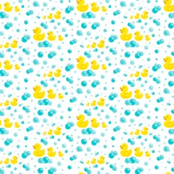 Rubber ducks in soap bubbles. Seamless pattern. Stock Illustration