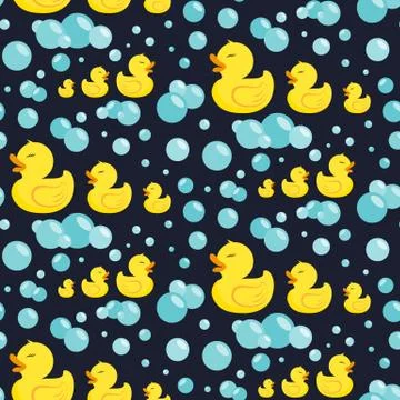 Rubber ducks in soap bubbles. Seamless pattern. 스톡 일러스트
