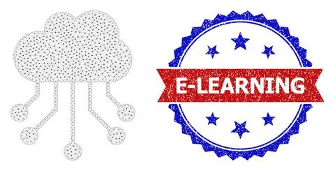 Rubber E-Learning Round Rosette Bicolor Badge and Mesh Network Cloud Links Illustrazione stock