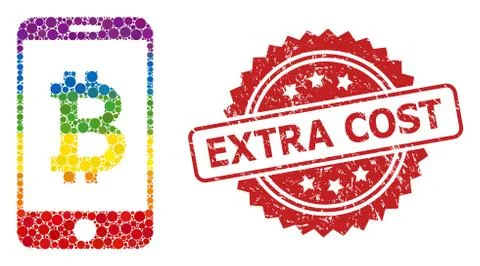 Rubber Extra Cost Stamp and Bright Colored Mobile Bitcoin Bank Collage Stock Illustration