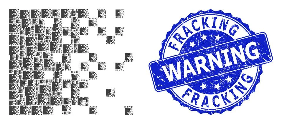 Rubber Fracking Warning Round Stamp and Recursive Dissolving Pixels Icon Collage Stock Illustration
