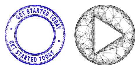 Rubber Get Started Today Badge and Network Irregular Mesh Round Play Button Icon Illustrazione stock