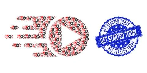 Rubber Get Started Today Round Seal and Fractal Start Play Icon Collage 库存插图