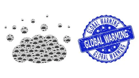Rubber Global Warming Round Stamp and Recursive Cloud Emission Icon Mosaic 스톡 일러스트