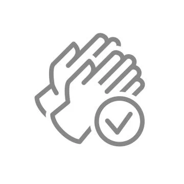 Rubber gloves with tick checkmark line icon. Hand protective, infection Stock Illustration