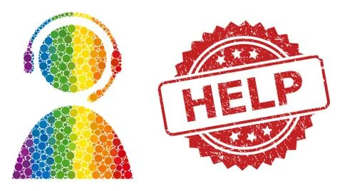 Rubber Help Stamp and Spectrum Call Center Operator Collage 스톡 일러스트