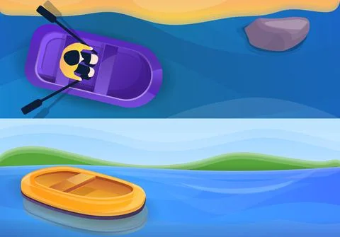 Rubber inflatable boat banner set, cartoon style Stock Illustration