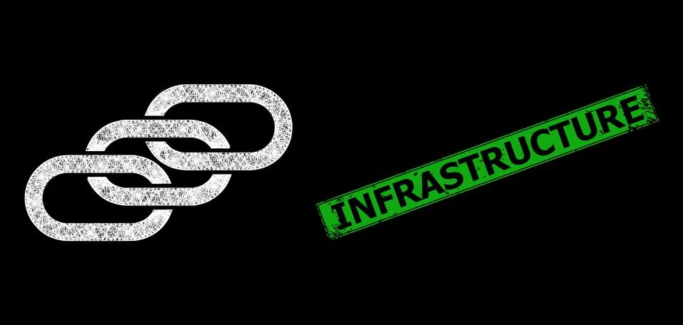 Rubber Infrastructure Stamp and Network Chain Links Mesh with Bright Flash Nodes Stockillustratie