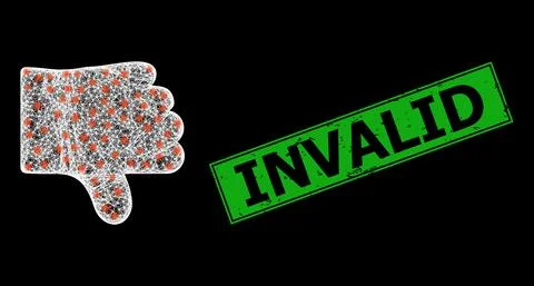 Rubber Invalid Stamp and Hatched Dislike Thumb Web Mesh with Bright Light Spots Stock Illustration