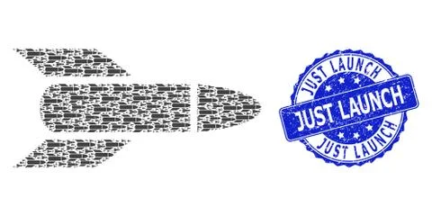 Rubber Just Launch Round Stamp and Recursion Rocket Icon Composition Stock Illustration