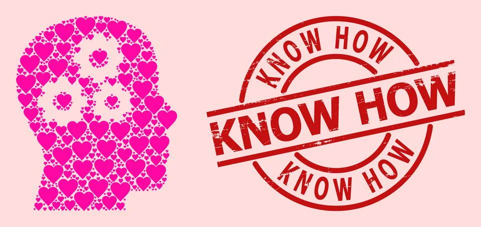Rubber Know How Stamp and Pink Heart Brain Gears Mosaic Stock Illustration