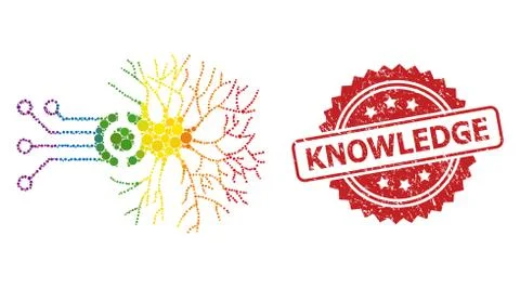 Rubber Knowledge Stamp and Spectrum Digital Neural Connection Collage Stock Illustration