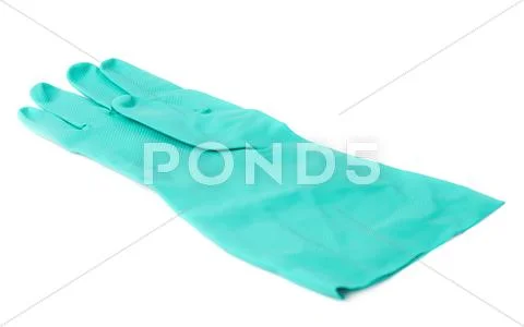 Rubber latex green glove over white isolated background Stock Photos