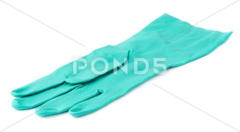 Rubber latex green glove over white isolated background Stock Photos