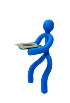 Rubber man with a processor isolated on white background Stock Photos