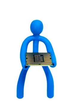 Rubber man with a processor isolated on white background Stock Photos
