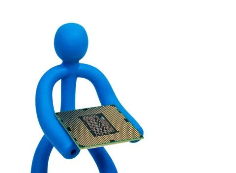 Rubber man with a processor isolated on white background Blue rubber man k... 스톡 사진
