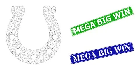 Rubber Mega Big Win Seals and Polygonal Mesh Horseshoe Icon Stock Illustration