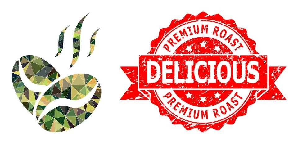 Rubber Premium Roast Delicious Stamp Seal and Coffee Beans Aroma Triangle Mocaic Stock Illustration