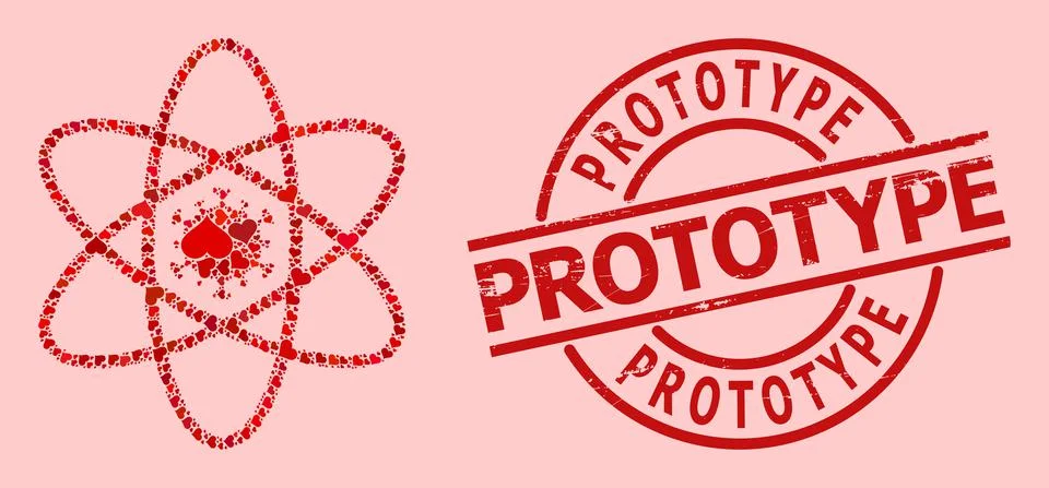 Rubber Prototype Badge and Red Love Virus Atom Collage Illustrazione stock