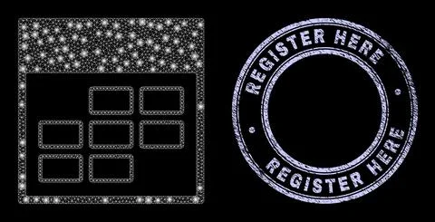 Rubber Register Here Badge and Light Net Calendar Week Items with Glitters Illustrazione stock