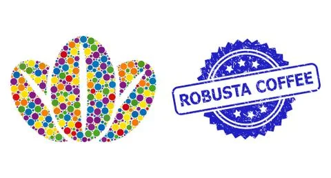 Rubber Robusta Coffee Stamp and Bright Colored Collage Coffee Beans Stock Illustration