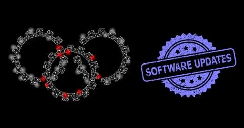 Rubber Software Updates Stamp and Bright Web Mesh Gears with Glare Spots Illustrazione stock