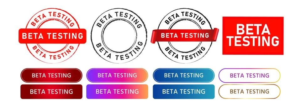 Rubber stamp and button beta testing sign for tester software technology Stock Illustration