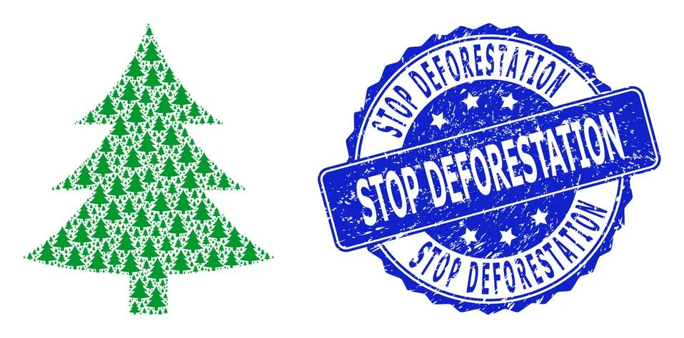 Rubber Stop Deforestation Round Seal Stamp and Fractal Fir Tree Icon Collage Stock Illustration