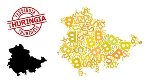 Rubber Thuringia Seal with Money and BTC Gold Collage Map of Thuringia State Illustrazione stock
